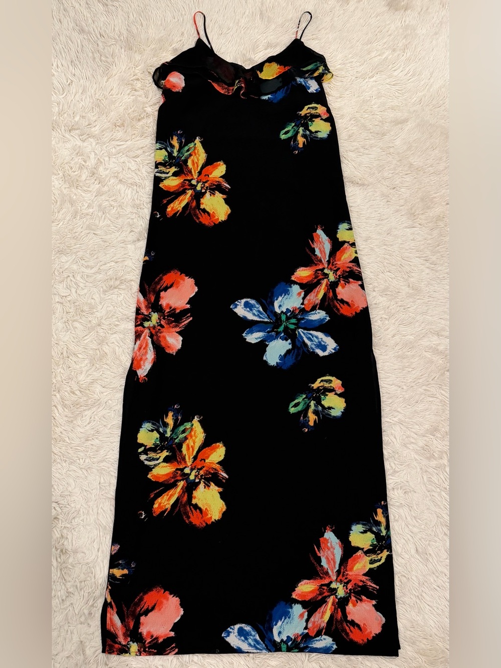 Mossimo Tropical Floral Ruffle Maxi Dress XS Black Ebony Sleeveless Resort Party